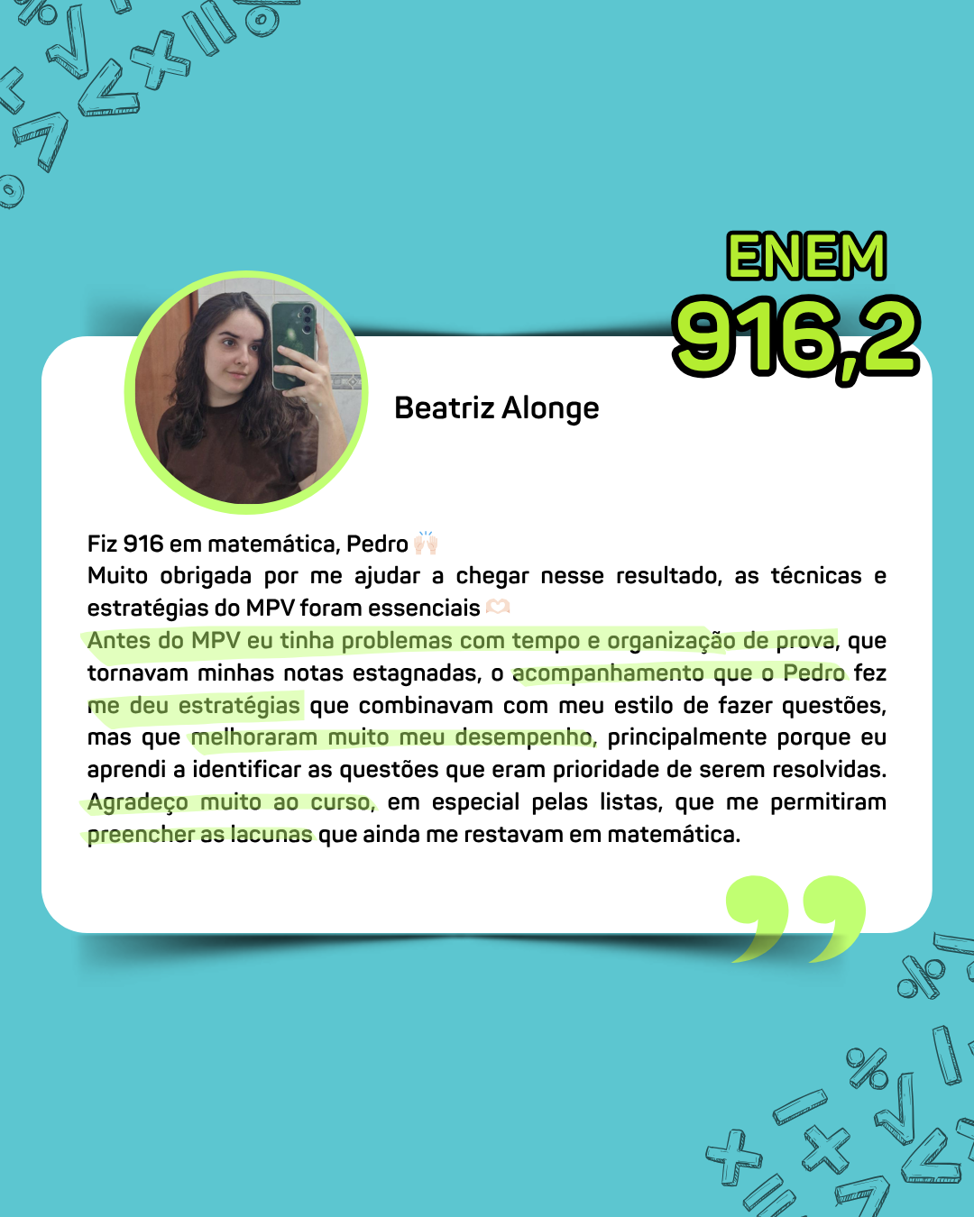 Depoimento de Beatriz Alonge, aluna MPV com 916,2 no ENEM